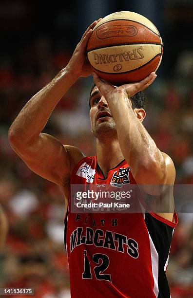 Kevin Lisch of the Wildcats prepares to shoot a free throw during the round 23 NBL match between the Perth Wildcats and the Cairns Taipans at...