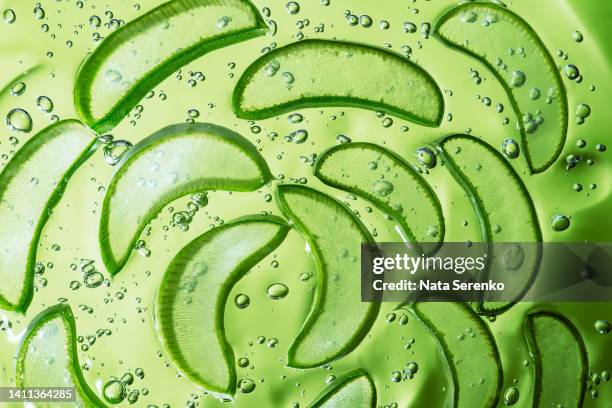 aloe vera slice texture with gel on green background. - enzym stock-fotos und bilder