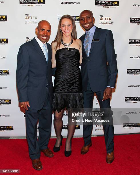 Meb Keflezighi, Jenny Simpson and Abdi Abdirahman attend the Endurance Live 20th Annual Awards Gala at Nokia Theatre L.A. Live on March 10, 2012 in...