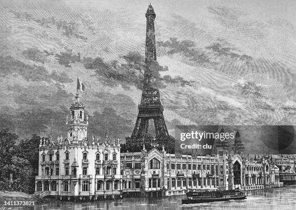 stockillustraties, clipart, cartoons en iconen met universal exposition paris 1889, food palace with eiffel tower in the background - wereldtentoonstelling