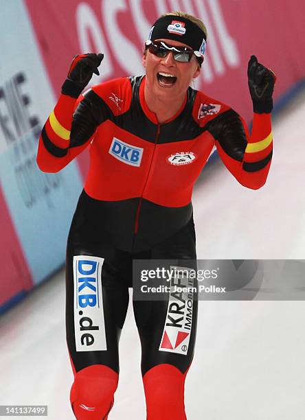 Claudia Pechstein of Germany celebrates after winning the Womens Mass start race during Day 3 of the Essent ISU Speed Skating World Cup at Sportforum...