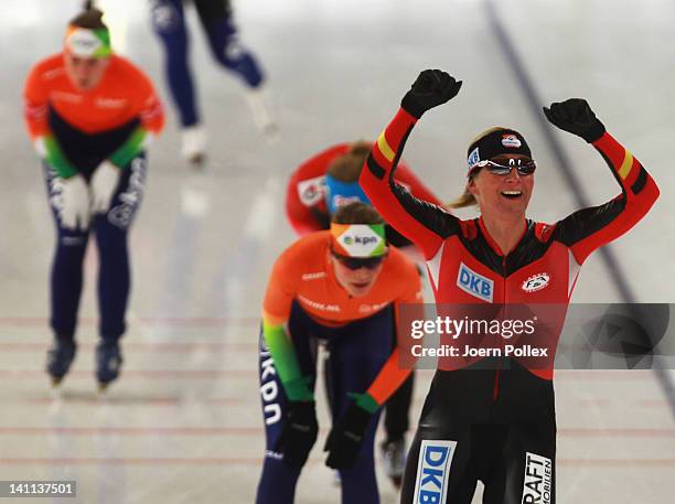 Claudia Pechstein of Germany celebrates after winning the Womens Mass start race during Day 3 of the Essent ISU Speed Skating World Cup at Sportforum...