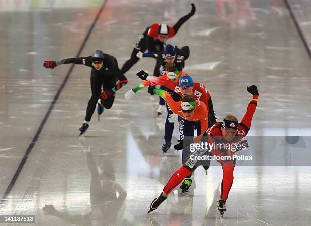 Claudia Pechstein of Germanycompetes in the Womens Mass start race during Day 3 of the Essent ISU Speed Skating World Cup at Sportforum Berlin on...