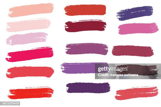 red, pink, burgundy brush stroke smears on white background. - lipstick smudge stock pictures, royalty-free photos & images