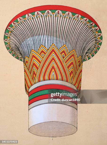 stockillustraties, clipart, cartoons en iconen met ancient egyptian decorative art and architecture, painted column capital from temple of luxor, thebes - papyrusriet
