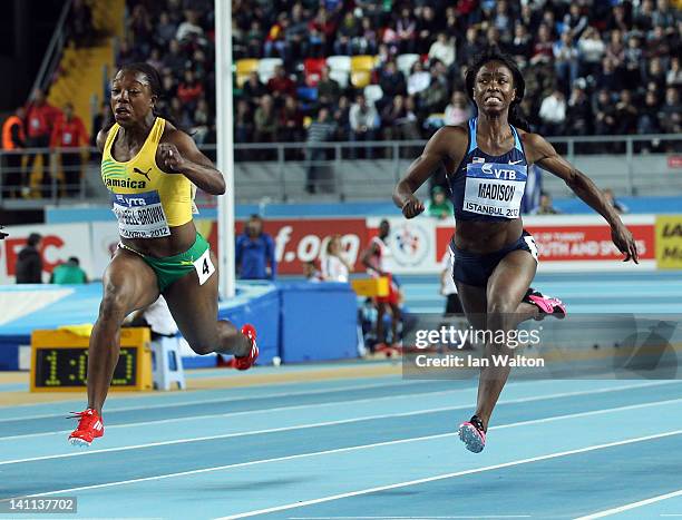 Veronica Campbell-Brown of Jamaica and Tianna Madison of the United States compete in the Women’s 60 Metres Final during day three of the 14th IAAF...