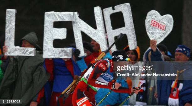 Tora Berger of Norway competes in the Women's 12.5km Mass Start during the IBU Biathlon World Championships at Chiemgau Arena on March 11, 2012 in...