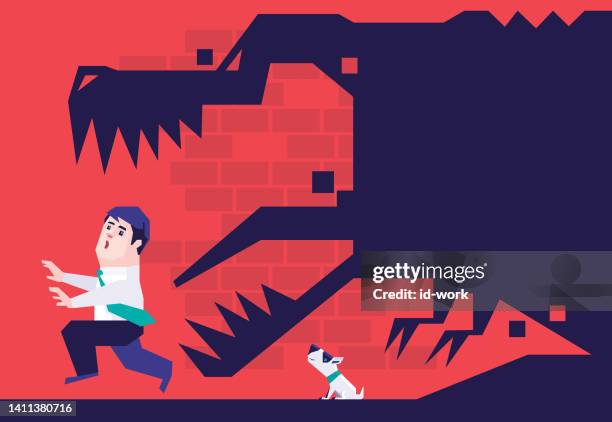 man running away from dog with angry dinosaur shadow - phobia stock illustrations