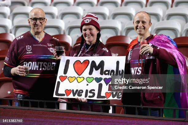 Manly fans show their colours during the round 20 NRL match between the Manly Sea Eagles and the Sydney Roosters at 4 Pines Park on July 28 in...