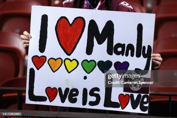 Sea Eagles fan shows her colours during the round 20 NRL match between the Manly Sea Eagles and the Sydney Roosters at 4 Pines Park on July 28 in...