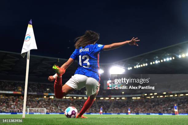 Selma Bacha of France takes a corner kick during the UEFA Women's Euro England 2022 Semi Final match between Germany and France at Stadium mk on July...