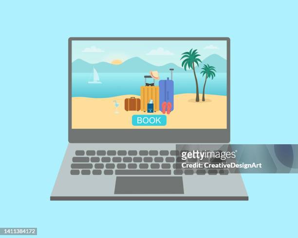travel and online booking concept with booking app on laptop - booking holiday stock illustrations