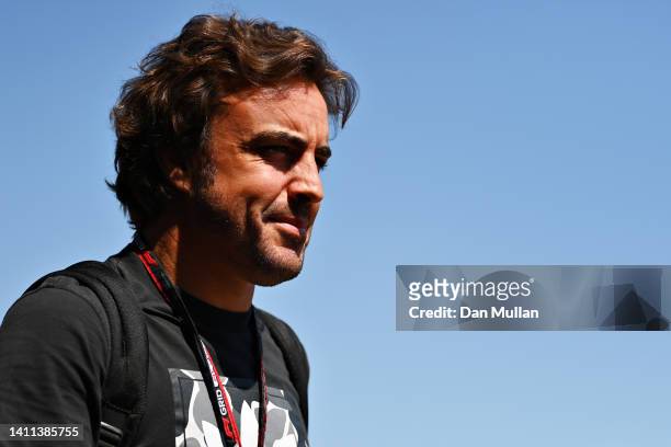 Fernando Alonso of Spain and Alpine F1 walks in the Paddock during previews ahead of the F1 Grand Prix of Hungary at Hungaroring on July 28, 2022 in...