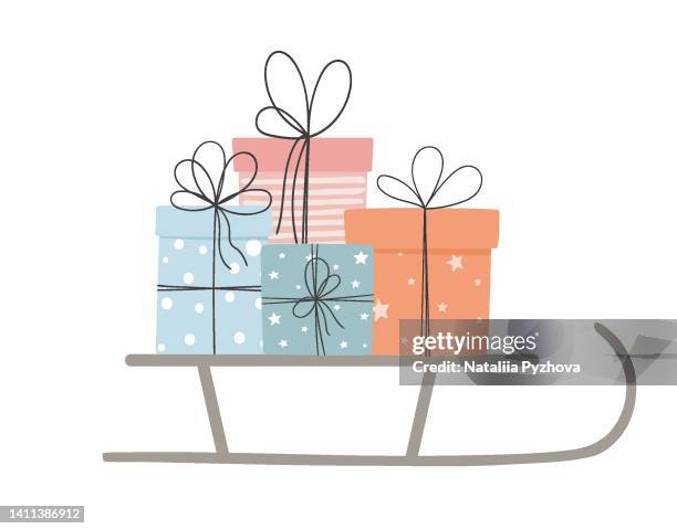 christmas sleigh with gift boxes isolated on white. - sled stock illustrations