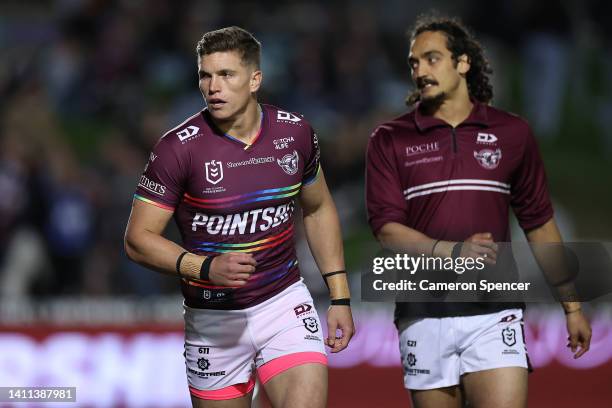 Reuben Garrick of the Sea Eagles warms up before the round 20 NRL match between the Manly Sea Eagles and the Sydney Roosters at 4 Pines Park on July...