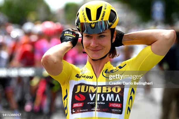 Marianne Vos of Netherlands and Jumbo Visma Women Team - Yellow Leader Jersey prior to the 1st Tour de France Femmes 2022, Stage 5 a 175,6km stage...