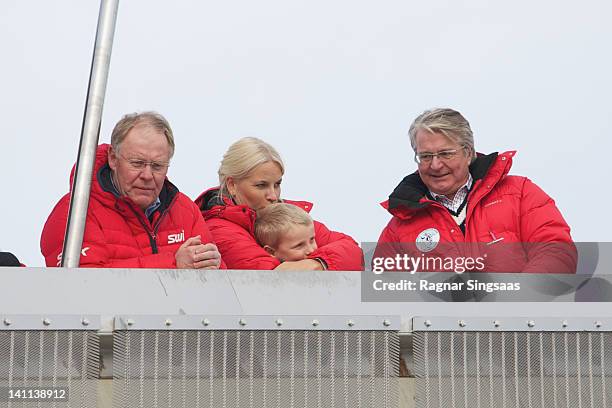 Sverre Seeberg, Princess Mette-Marit of Norway, Prince Sverre Magnus of Norway and Fabian Stang attend The FIS Nordic World Cup on March 11, 2012 in...