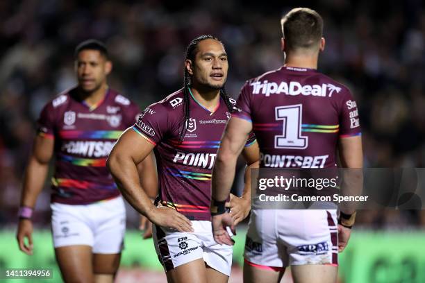 Martin Taupau of the Sea Eagles talks to Reuben Garrick of the Sea Eagles during the round 20 NRL match between the Manly Sea Eagles and the Sydney...