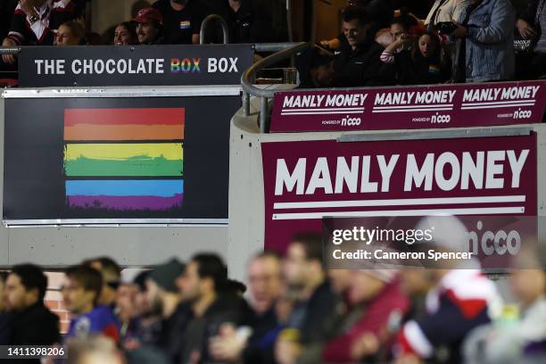 Sea Eagles fans show their support during the round 20 NRL match between the Manly Sea Eagles and the Sydney Roosters at 4 Pines Park on July 28 in...