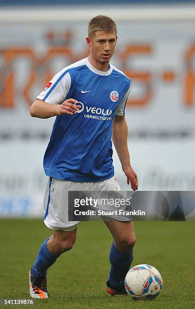 Stephan Gusche of Rostock in actrion during the second Bundesliga match between Hansa Rostock the DKB Arena Eintracht Frankfurt at on March 11, 2012...