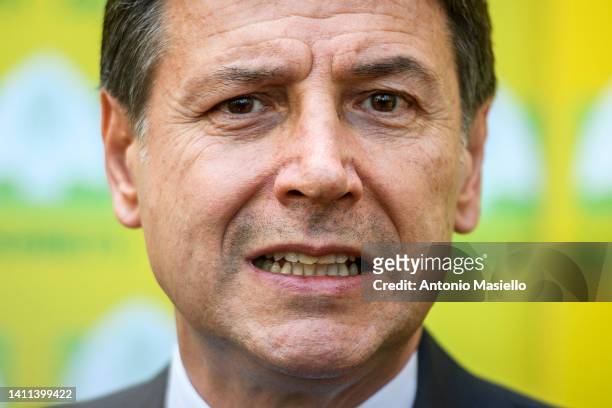 Leader of 5-star Movement Giuseppe Conte talks to the media during the Coldiretti National Assembly at Palazzo Rospigliosi, on July 28, 2022 in Rome,...