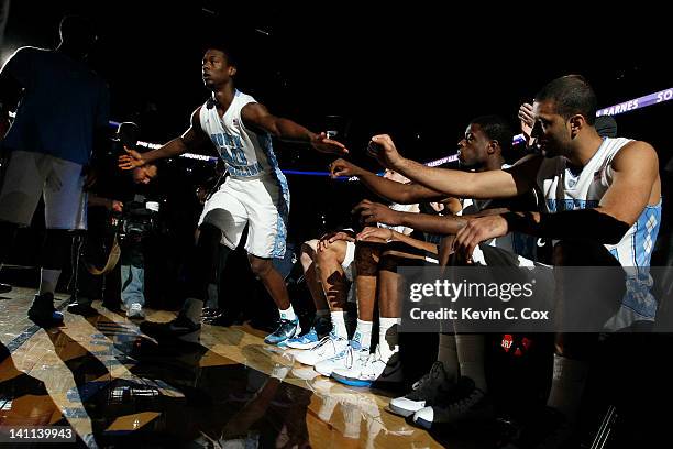 Harrison Barnes of the North Carolina Tar Heels greets his teammates during introductions against the Florida State Seminoles during the Final Game...
