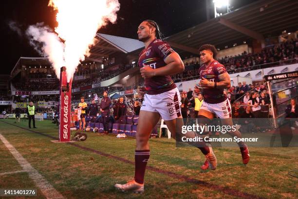 Martin Taupau of the Sea Eagles runs onto the field before the round 20 NRL match between the Manly Sea Eagles and the Sydney Roosters at 4 Pines...