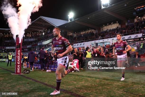 Kieran Foran of the Sea Eagles runs onto the field before the round 20 NRL match between the Manly Sea Eagles and the Sydney Roosters at 4 Pines Park...