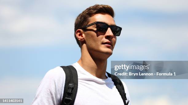 George Russell of Great Britain and Mercedes walks in the Paddock during previews ahead of the F1 Grand Prix of Hungary at Hungaroring on July 28,...