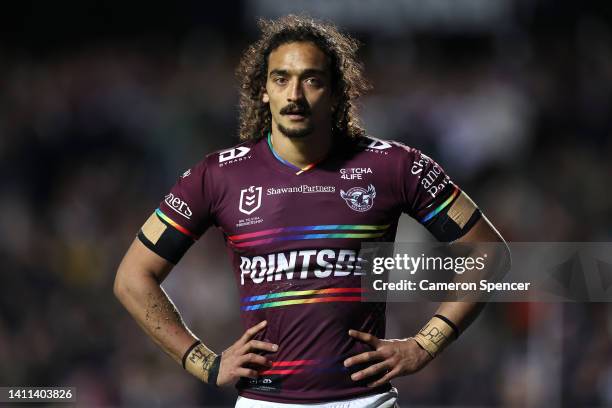 Morgan Harper of the Sea Eagles looks on during the round 20 NRL match between the Manly Sea Eagles and the Sydney Roosters at 4 Pines Park on July...