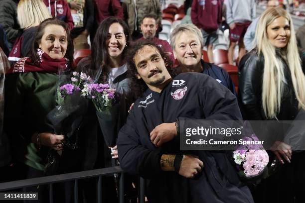 Morgan Harper of the Sea Eagles poses with family after the round 20 NRL match between the Manly Sea Eagles and the Sydney Roosters at 4 Pines Park...