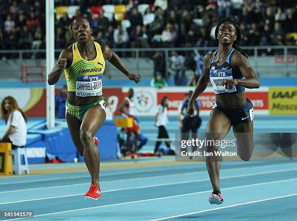 Veronica Campbell-Brown of Jamaica and Tianna Madison of the United States compete in the Women’s 60 Metres Final during day three of the 14th IAAF...