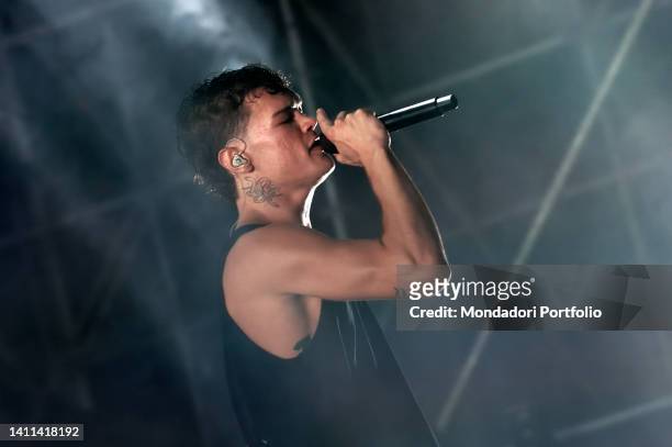 Italian singer-songwriter Blanco performs on stage at the Rock in Rome, at Capannelle Hippodrome. Rome , July 27th, 2022