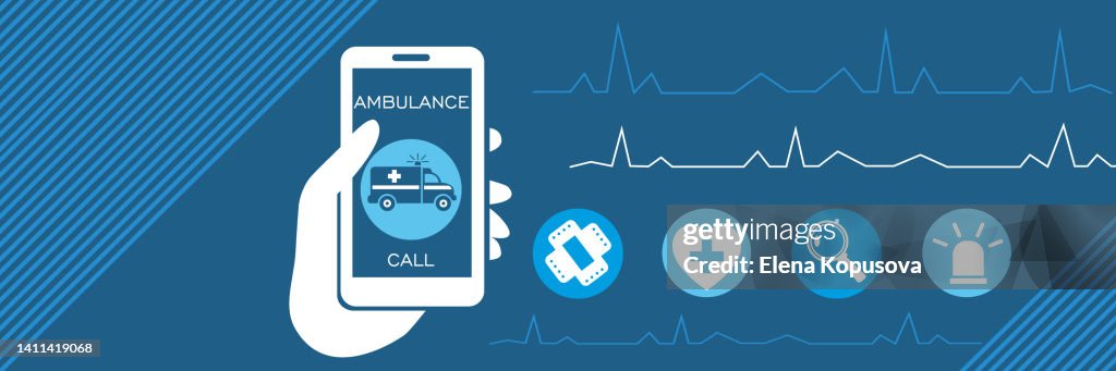 The concept of medicine, emergency medical care and healthcare. Hand with phone and medical icons on colorful abstract background. Creative medical illustration in flat style for web applications, presentations, print.