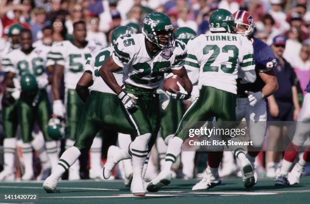 Cliff Hicks, Defensive Back for the New York Jets in motion carrying the football during the American Football Conference East Division game against...