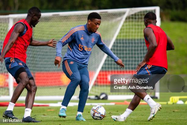 Anthony Martial of Manchester United in action during a first team training session at Carrington Training Ground on July 27, 2022 in Manchester,...