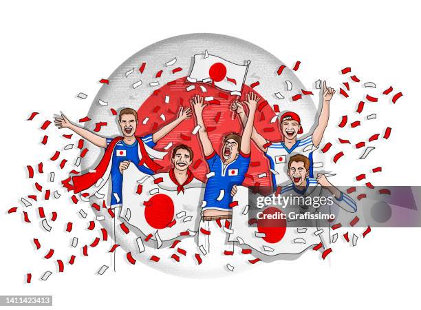 日本の国旗で祝う日本のサッカーファン5人組 - スポーツ観戦　日本点のイラスト素材／クリップアート素材／マンガ素材／アイコン素材