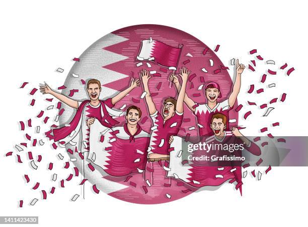 group of five fan celebrating with national flag of qatar - qatar 幅插畫檔、美工圖案、卡通及圖標