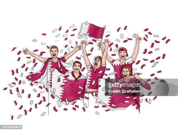 group of five fan celebrating with national flag of qatar - qatari people stock illustrations