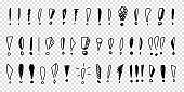 Set of hand drawn exclamation marks. Pencil and ink various scattered exclamation marks. Sketches of punctuation mark, vector illustration on isolated transparent background.