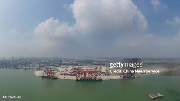 Aerial view of cargo ships being docked at a new fully automated container terminal of Nansha Port on July 28, 2022 in Guangzhou, Guangdong Province...