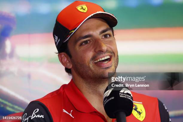 Carlos Sainz of Spain and Ferrari talks in the Drivers Press Conference during previews ahead of the F1 Grand Prix of Hungary at Hungaroring on July...