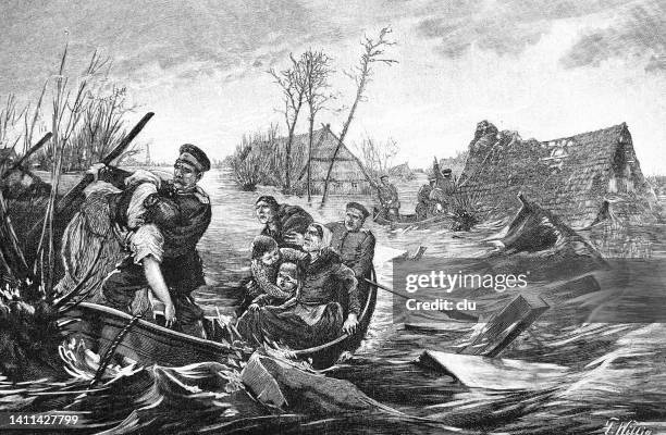 flood, rescue of a family with a boat - 1888 stock illustrations