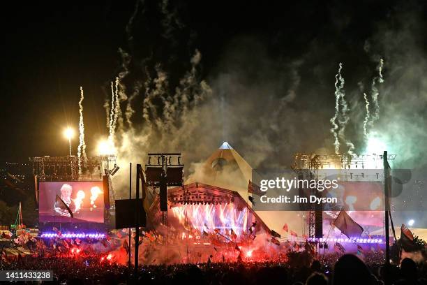 Fireworks are set off during Paul McCartney's performance on the Pyramid Stage during day four of Glastonbury Festival at Worthy Farm, Pilton on June...