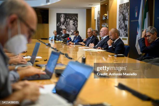 Deputy secretay Antonio Di Sebastiano, FIGC President Gabriele Gravina and FIGC General Director Marco Brunelli attend a press conference after the...