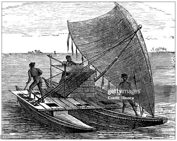 antique illustration, ethnography and indigenous cultures: fiji boat - italy fiji stock illustrations