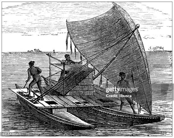 antique illustration, ethnography and indigenous cultures: fiji boat - melanesia stock illustrations