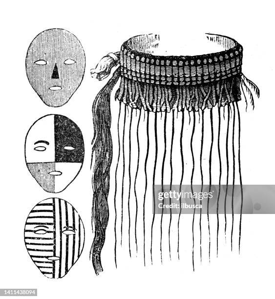 antike illustration, ethnographie und indigene kulturen: kostüme und gesichtsbemalung, fidschi - italy fiji stock-grafiken, -clipart, -cartoons und -symbole