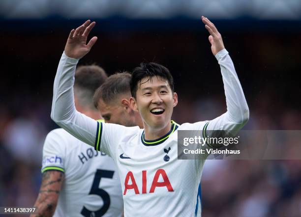 Heung Min Son of Tottenham Hotspur celebrates the second goal during the Pre-Season Friendly between Rangers and Tottenham Hotspur at Ibrox Stadium...