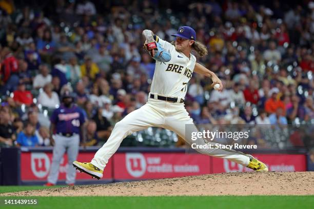 Josh Hader of the Milwaukee Brewers throws a pitch during a game against the Minnesota Twins at American Family Field on July 26, 2022 in Milwaukee,...